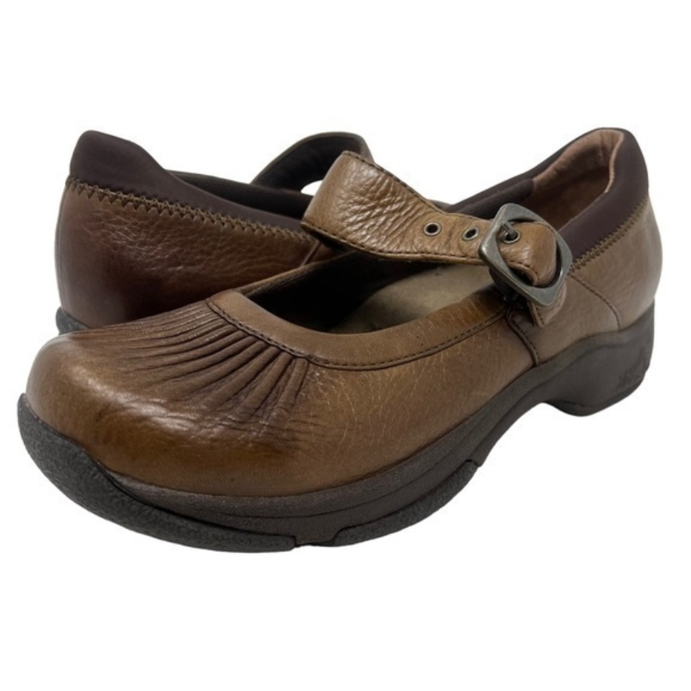 Dansko Brown Leather Mary Jane Clogs with Buckle Strap